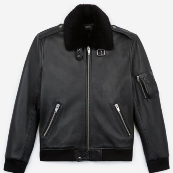 THE KOOPLES Black Leather Flight Jacket W/Shearling Neck Size S - Picture 1 of 8